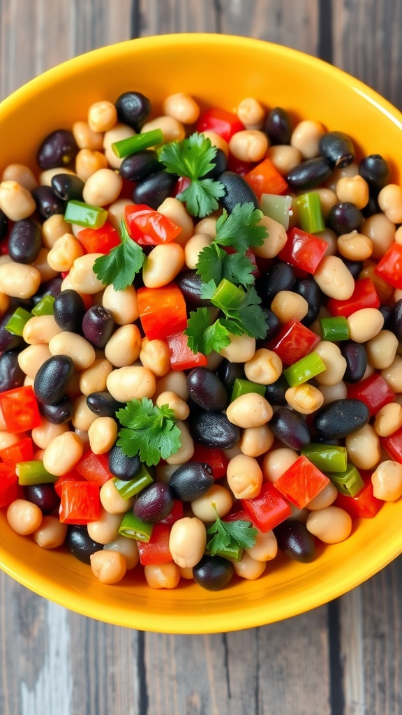 A colorful three-bean salad with kidney beans, black beans, chickpeas, and bell peppers in a bowl.